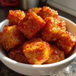 Close-up of crispy tofu cubes coated in a shiny sweet chili glaze, served in a small white bowl.