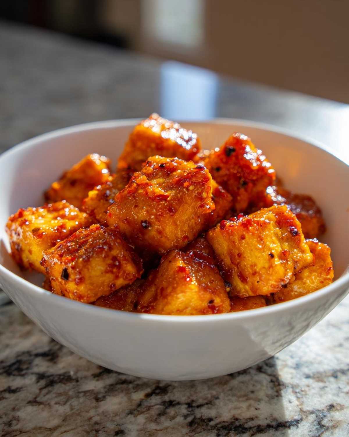 Close-up of golden, crispy Air Fryer Crispy Tofu coated in a shiny, spicy sweet chili glaze in a white bowl.