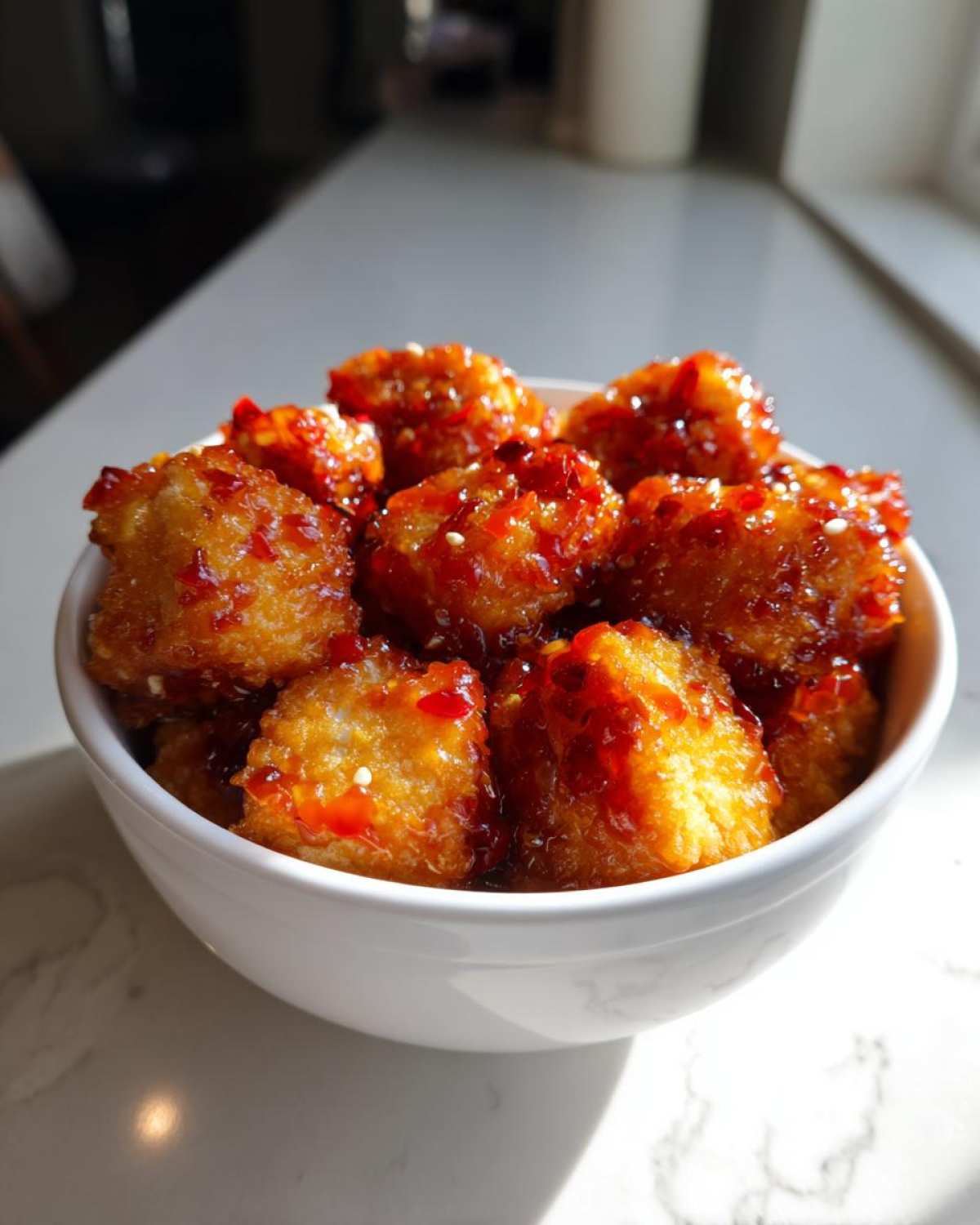 Golden brown, crispy cubes of Air Fryer Crispy Tofu generously coated in a vibrant sweet chili glaze, served in a white bowl.