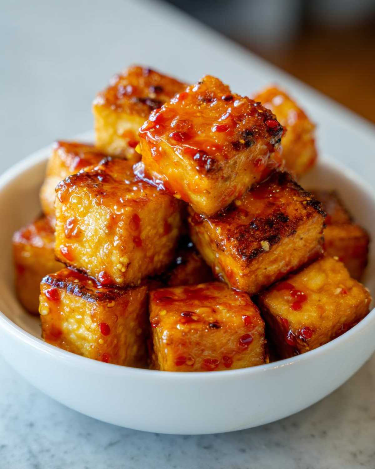 Close-up of golden Air Fryer Crispy Tofu cubes coated in a glistening sweet chili glaze, piled in a white bowl.