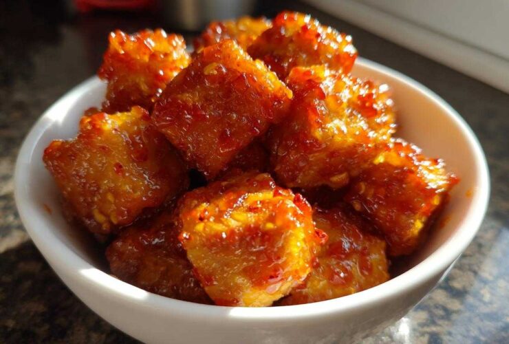 Close-up of crispy tofu cubes coated in a shiny sweet chili glaze, served in a small white bowl.