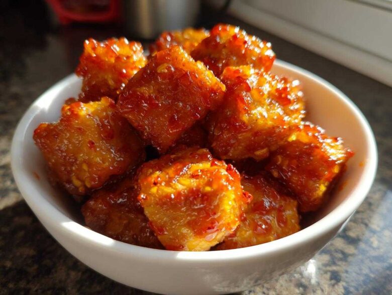 Close-up of crispy tofu cubes coated in a shiny sweet chili glaze, served in a small white bowl.