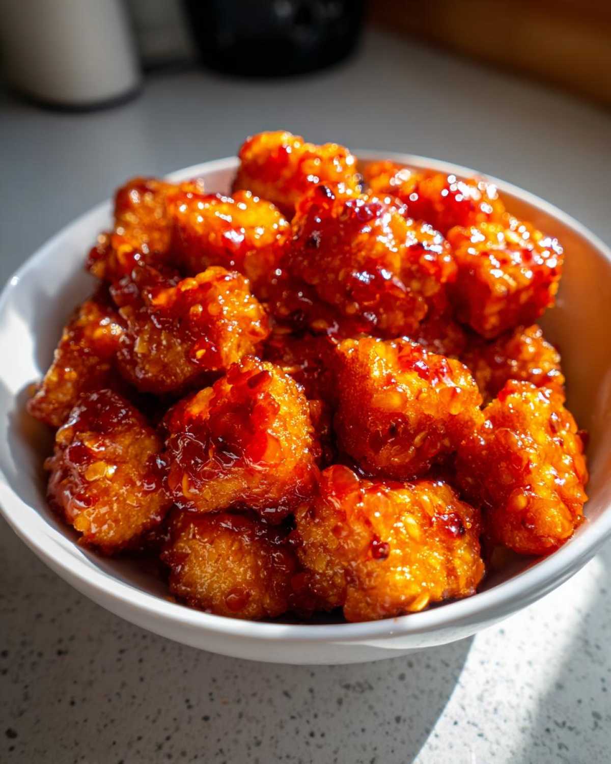 Close-up of crispy, glazed tofu bites in a white bowl, coated in sweet chili glaze.