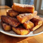 A stack of golden Air Fryer French Toast Sticks heavily coated in sparkling cinnamon sugar on a white plate.