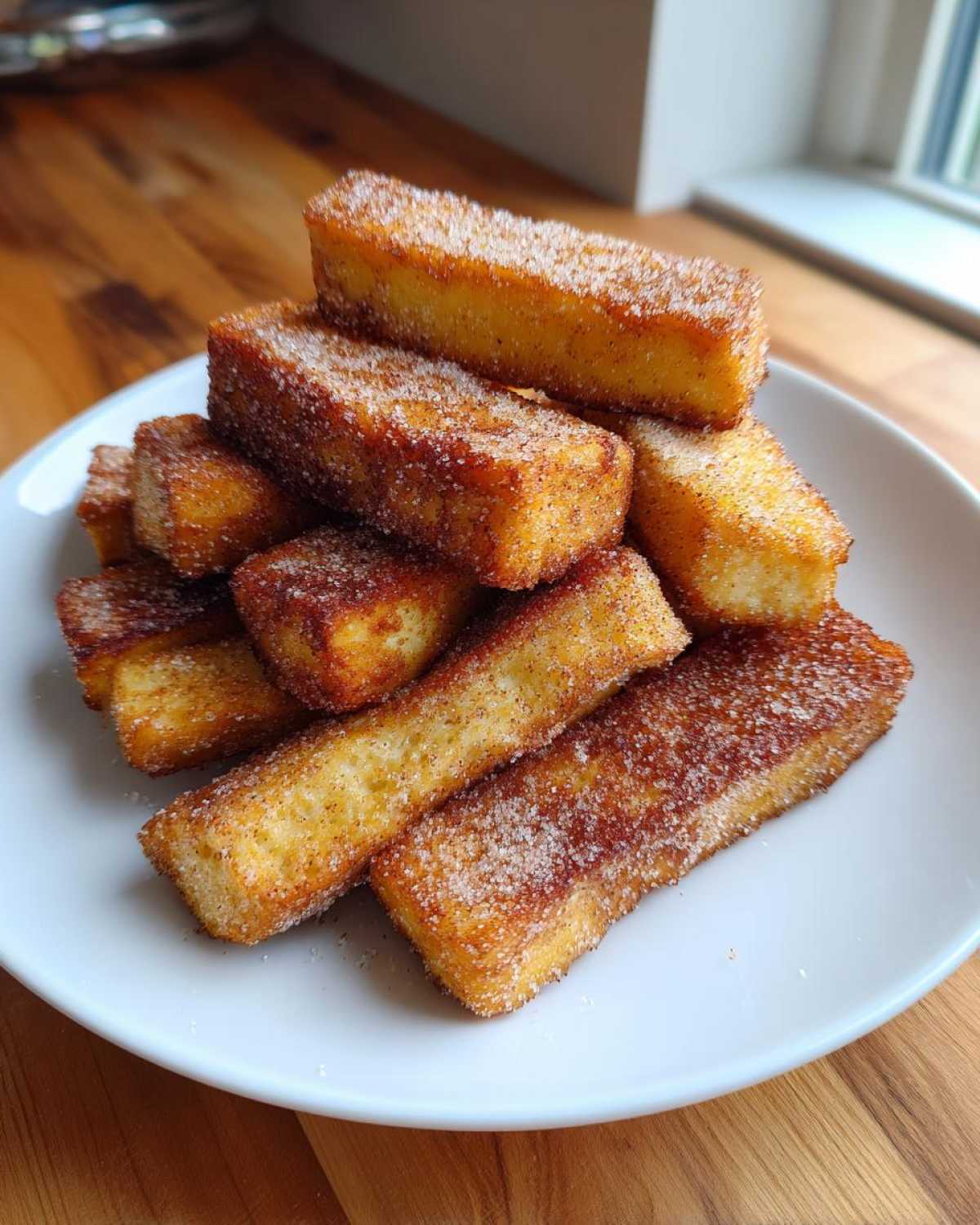 A stack of golden brown Air Fryer French Toast Sticks generously coated in cinnamon sugar on a white plate.