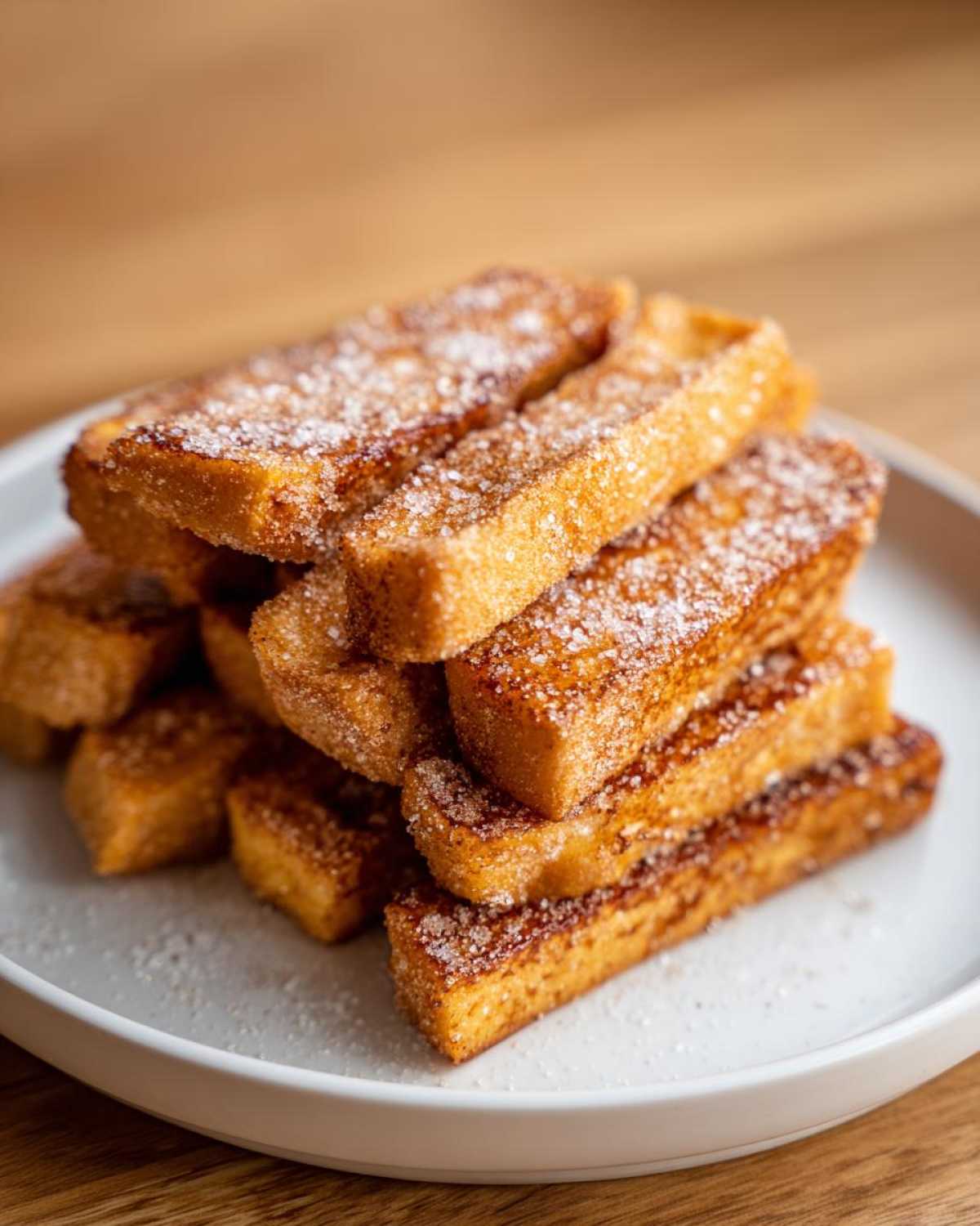 A stack of golden Air Fryer French Toast Sticks generously coated in cinnamon sugar on a white plate.