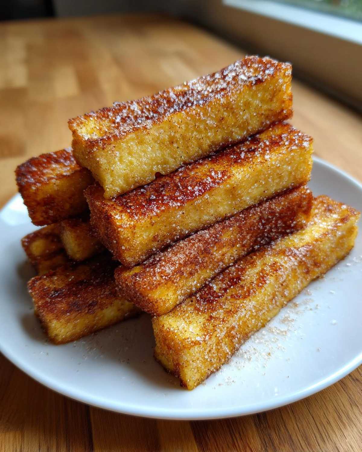 A stack of golden brown Air Fryer French Toast Sticks generously coated in cinnamon sugar on a white plate.