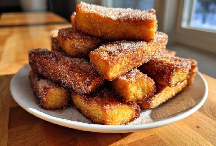 A stack of golden Air Fryer French Toast Sticks heavily coated in sparkling cinnamon sugar on a white plate.