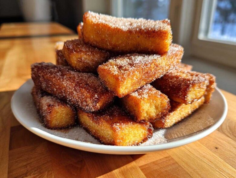 A stack of golden Air Fryer French Toast Sticks heavily coated in sparkling cinnamon sugar on a white plate.