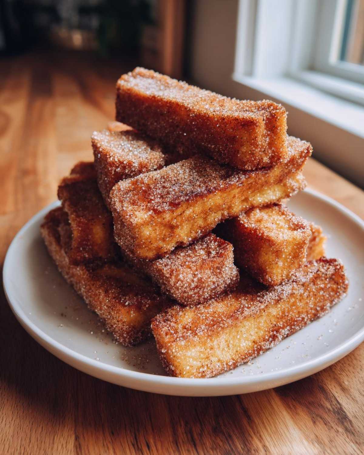 A tall stack of golden Air Fryer French Toast Sticks generously coated in cinnamon sugar, resting on a white plate.
