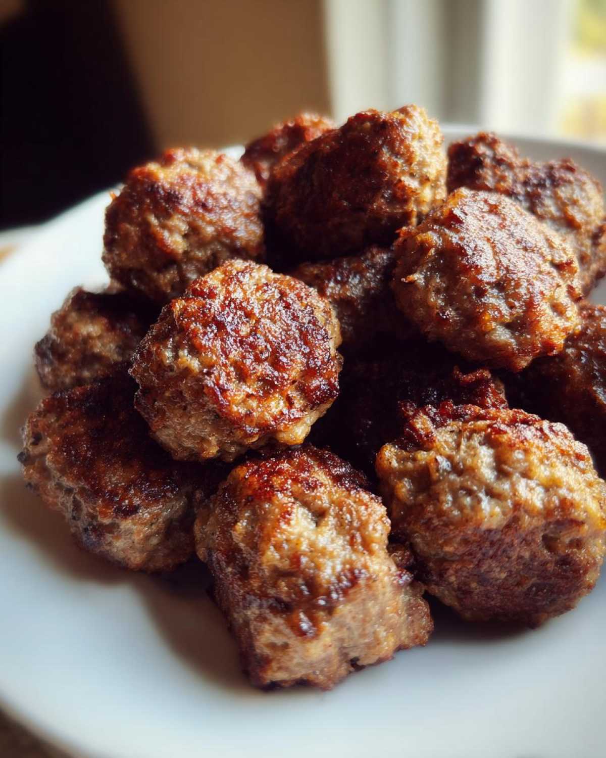 A close-up pile of perfectly cooked Air Fryer Italian Meatballs showing a rich, browned exterior.