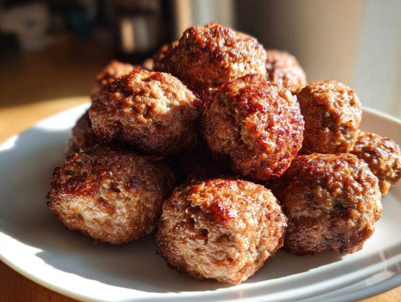 A pile of golden-brown, juicy Air Fryer Italian Meatballs stacked on a white plate, catching sunlight.