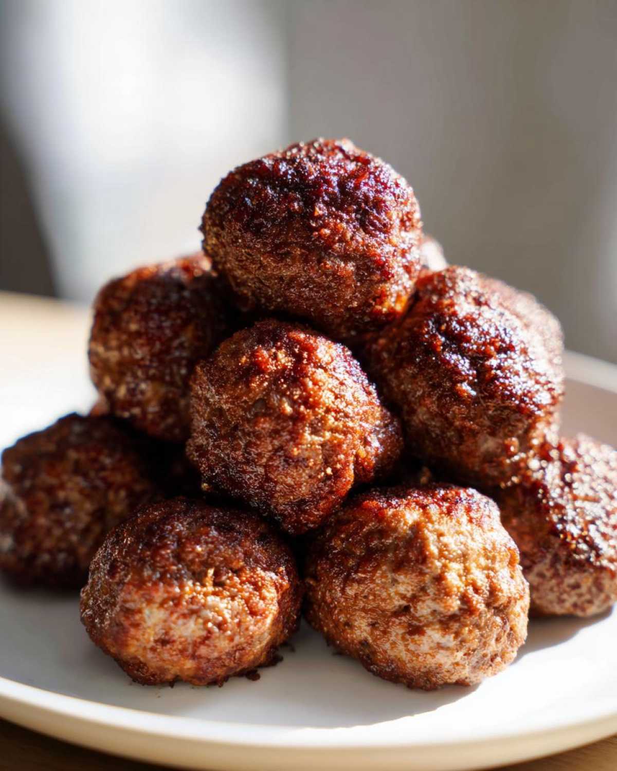 A stack of juicy, browned Air Fryer Italian Meatballs piled high on a white plate.
