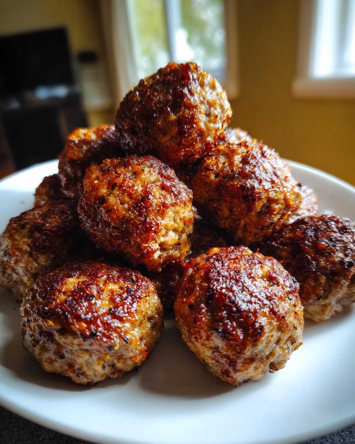 A close-up stack of golden-brown, crispy Air Fryer Italian Meatballs piled high on a white plate.