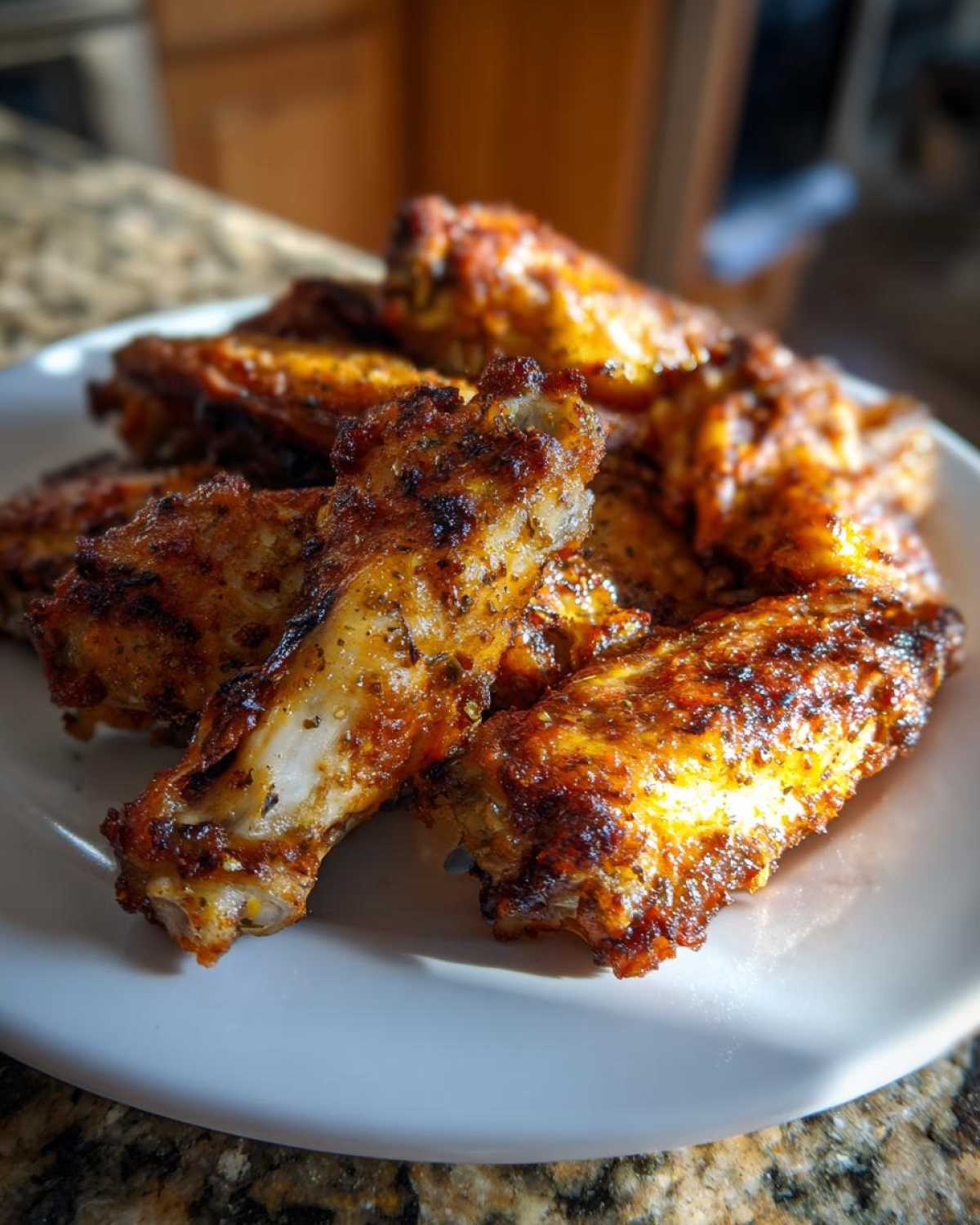 Close-up of several crispy Air Fryer Lemon Pepper Wings piled on a white plate, showing seasoning.