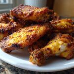 Close-up of perfectly crispy Air Fryer Lemon Pepper Wings piled high on a white plate.