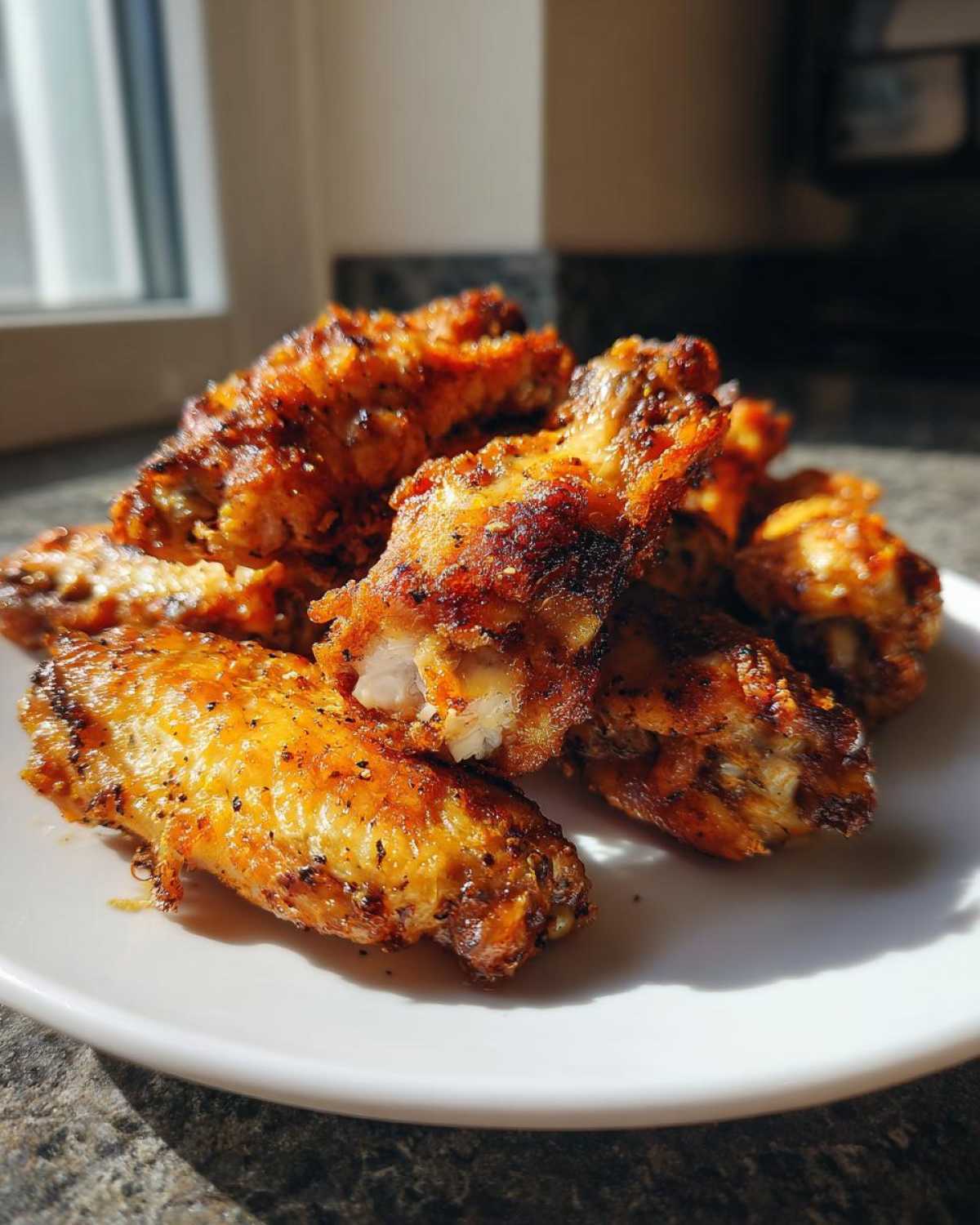 A pile of golden brown, crispy Air Fryer Lemon Pepper Wings seasoned with visible black pepper flakes on a white plate.