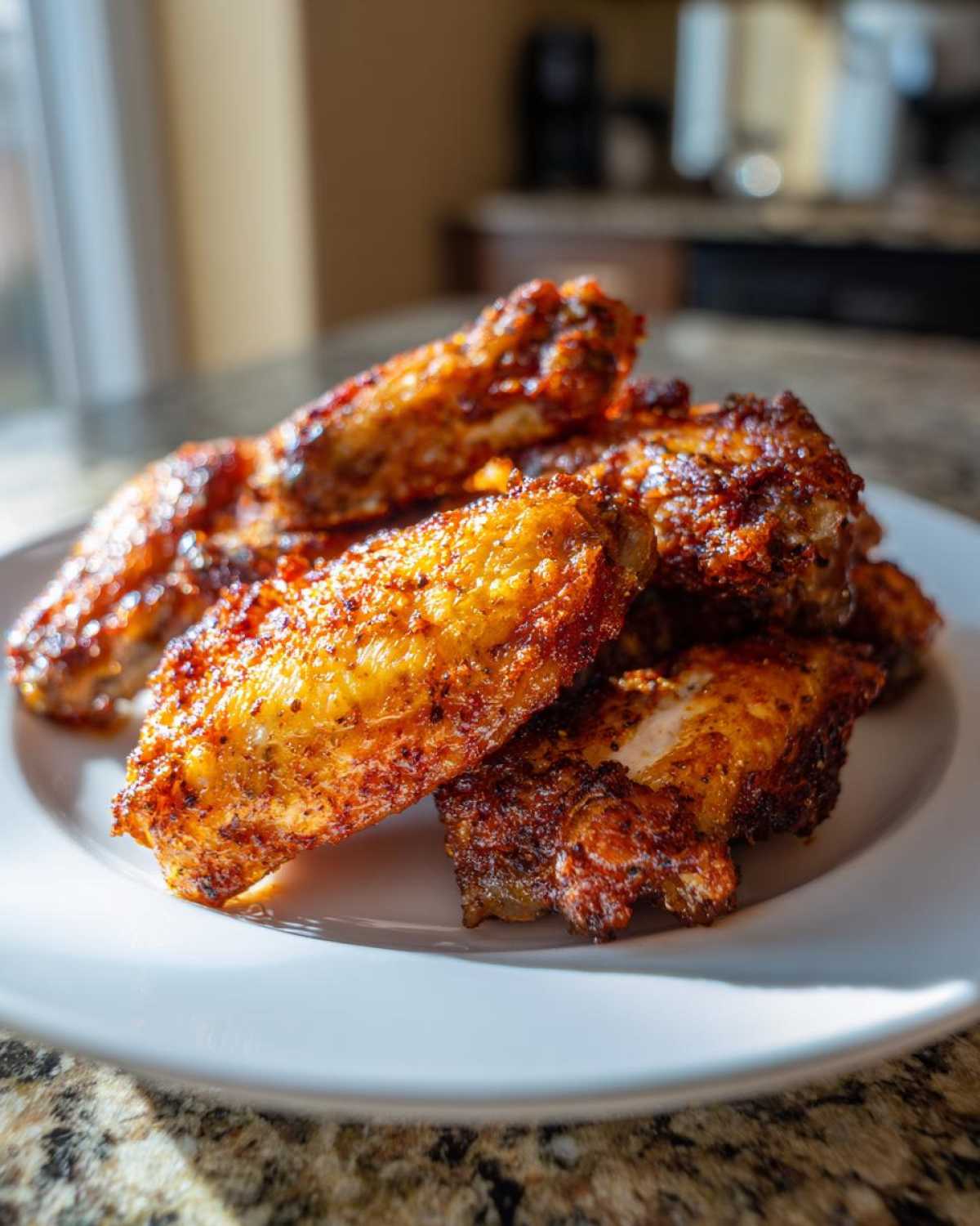 A close-up shot of several crispy, golden-brown Air Fryer Lemon Pepper Wings piled on a white plate.