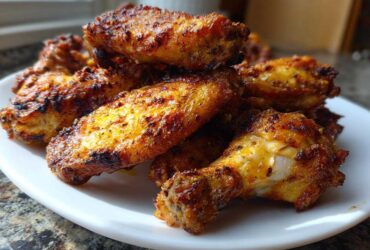 Close-up of perfectly crispy Air Fryer Lemon Pepper Wings piled high on a white plate.