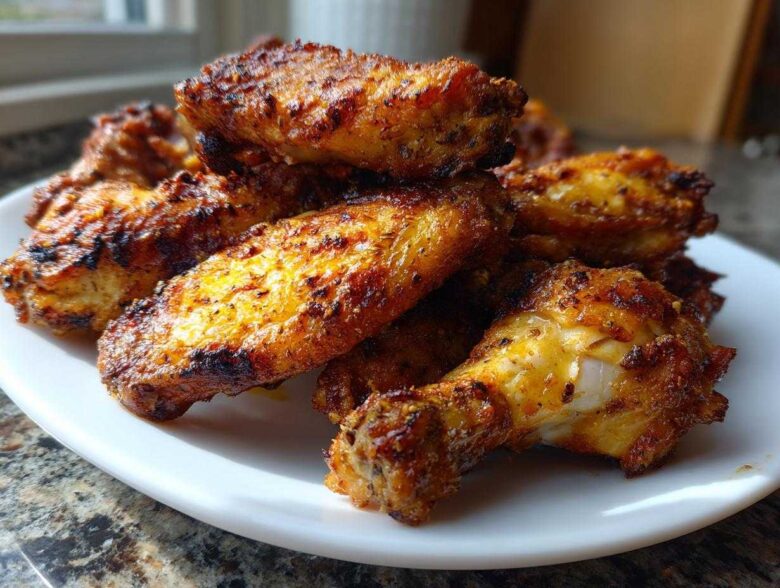 Close-up of perfectly crispy Air Fryer Lemon Pepper Wings piled high on a white plate.