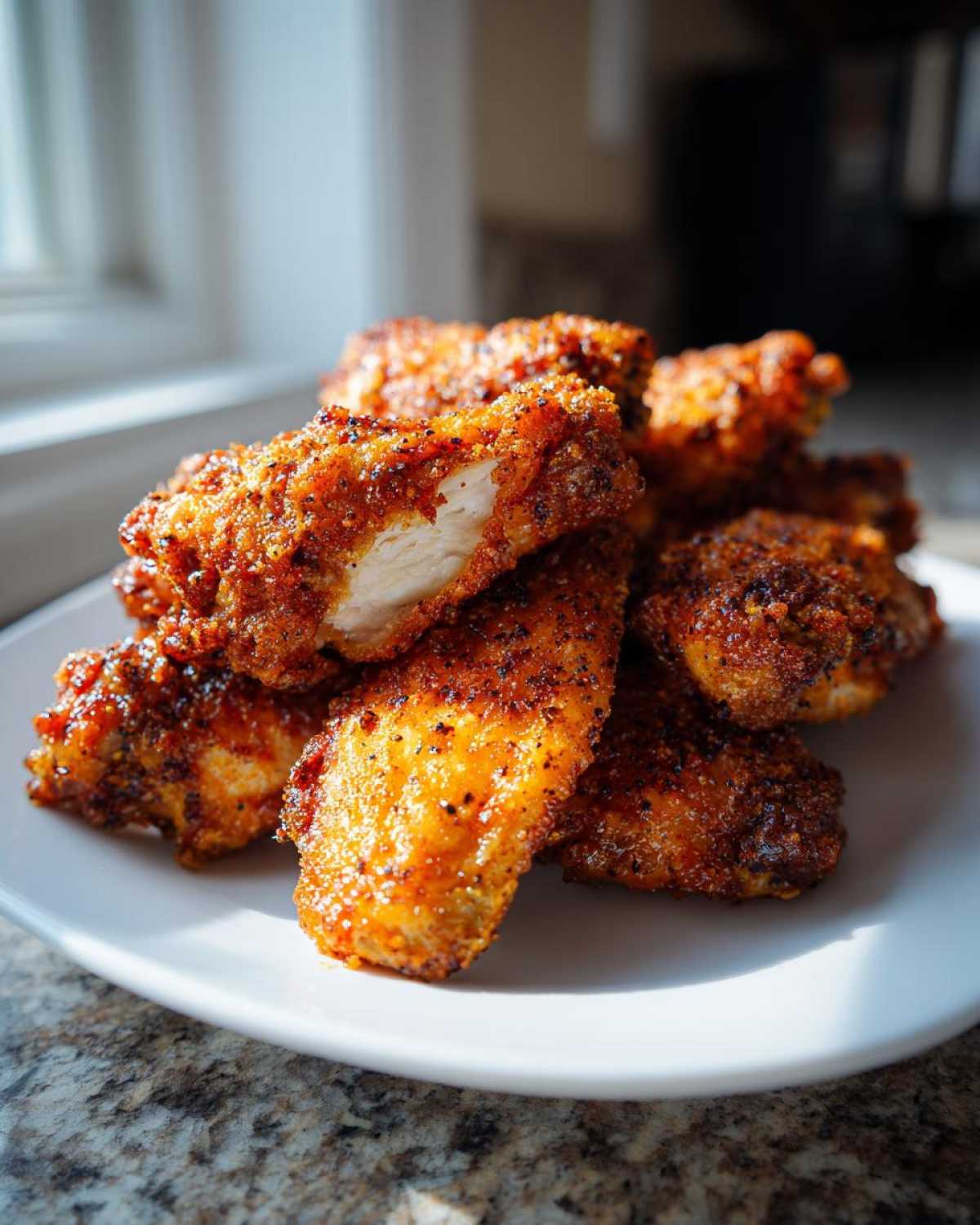 A pile of crispy, seasoned Air Fryer Lemon Pepper Wings on a white plate, with one wing broken open showing juicy white meat.