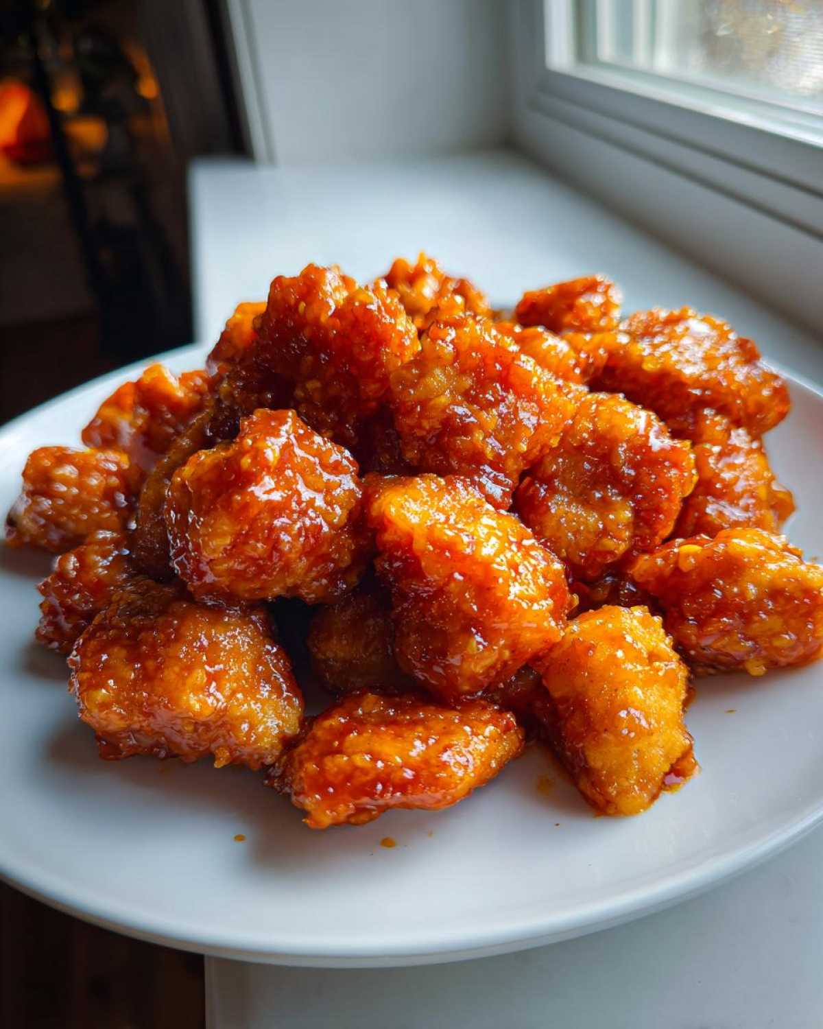 Close-up of crispy, glazed Air Fryer Orange Chicken pieces piled high on a white plate near a window.