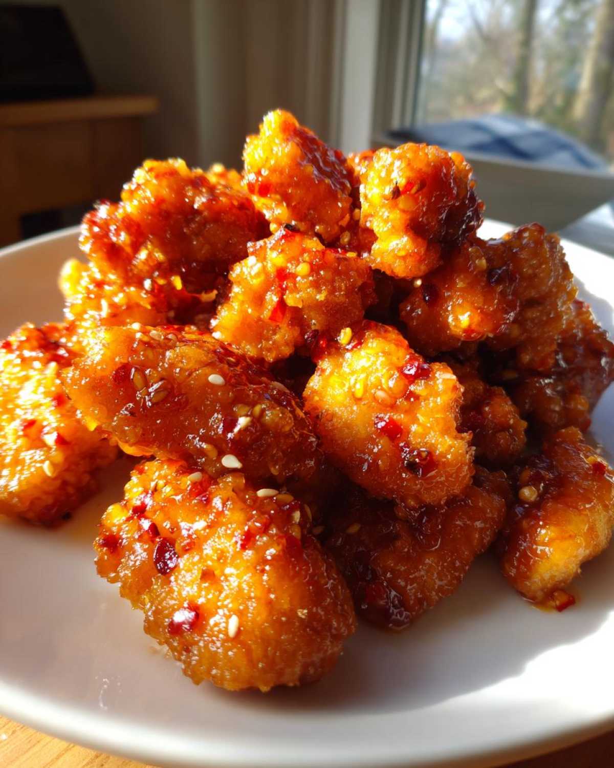 Close-up of crispy, glazed Air Fryer Orange Chicken pieces sprinkled with sesame seeds and chili flakes on a white plate.