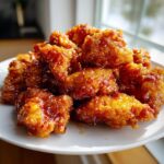Close-up of crispy, glazed pieces of Air Fryer Orange Chicken piled high on a white plate.