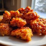 Close-up of crispy, glazed pieces of Air Fryer Orange Chicken piled on a white plate.