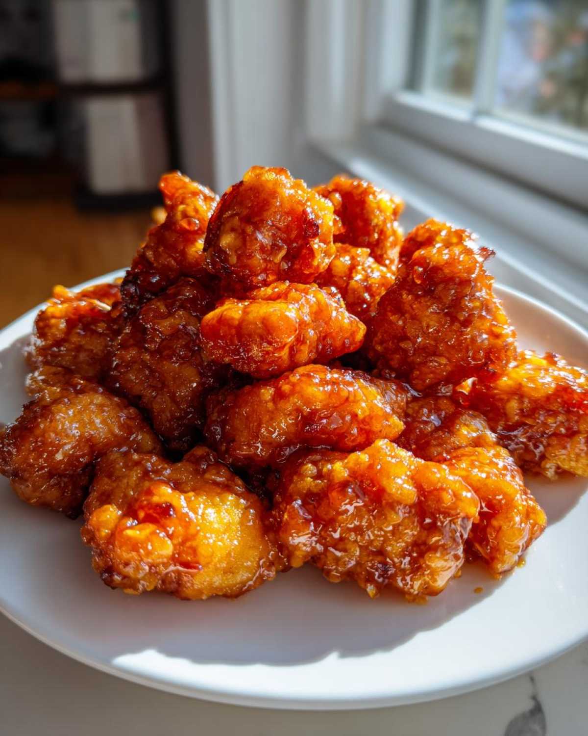 Close-up of crispy, glazed pieces of Air Fryer Orange Chicken piled high on a white plate.