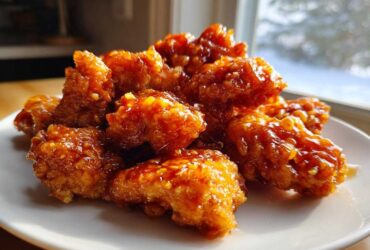 Close-up of crispy, glazed pieces of Air Fryer Orange Chicken piled on a white plate.