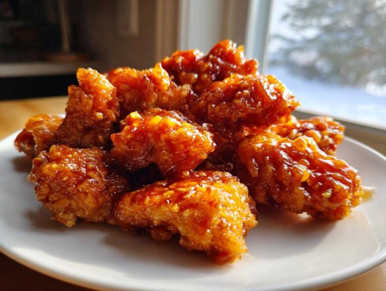 Close-up of crispy, glazed pieces of Air Fryer Orange Chicken piled on a white plate.
