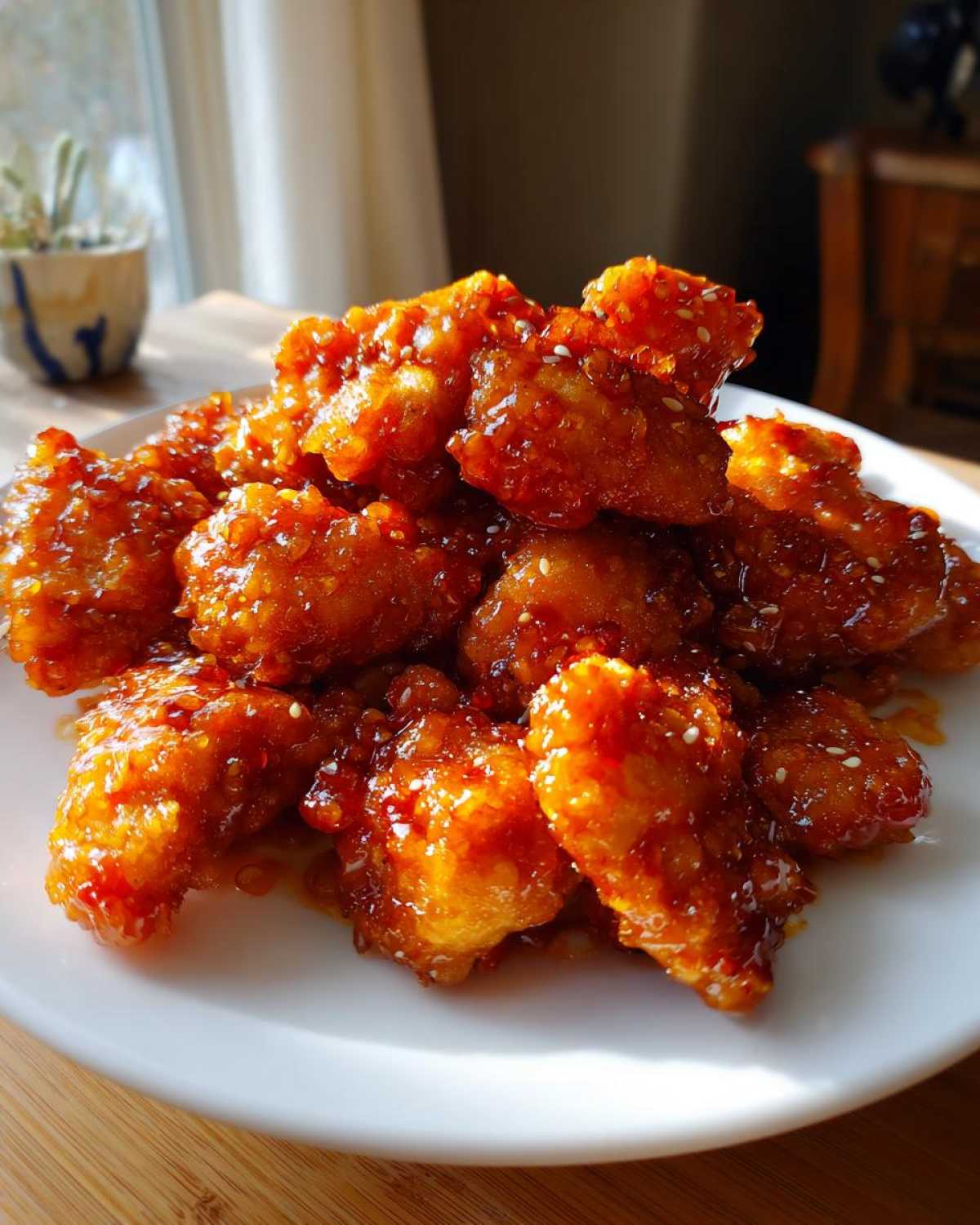 A pile of crispy, glazed Air Fryer Orange Chicken pieces sprinkled with sesame seeds on a white plate.