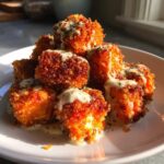 A pile of crispy, golden-brown Air Fryer Salmon Bites drizzled with creamy Bang Bang Sauce and herbs.