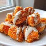 A pile of crispy, orange-coated Air Fryer Salmon Bites drizzled generously with creamy white Bang Bang Sauce.