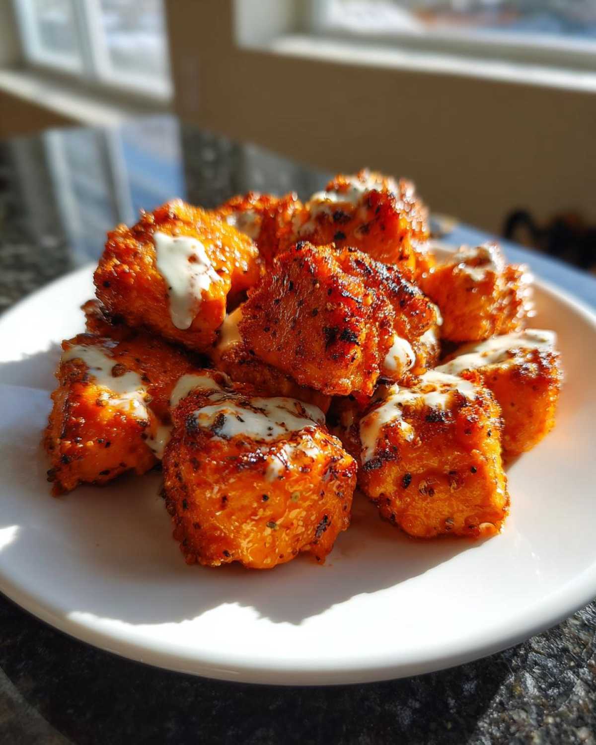 Close-up of crispy, seasoned Air Fryer Salmon Bites drizzled with white Bang Bang Sauce on a white plate.