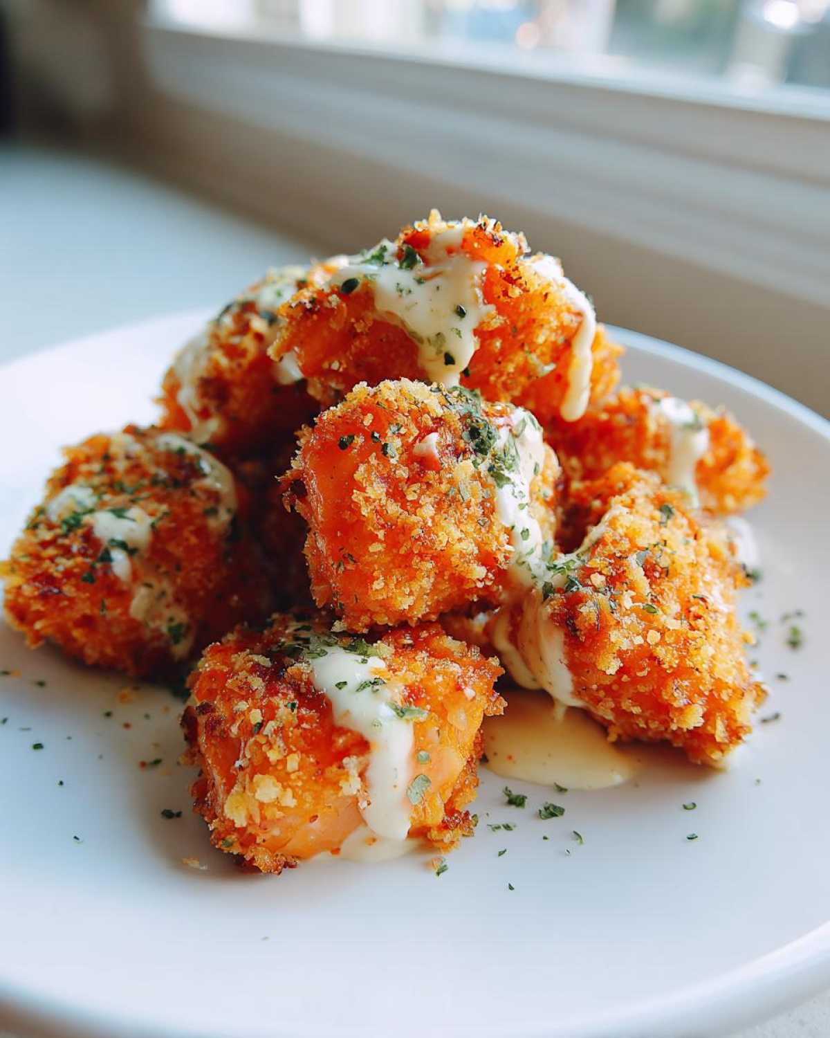 Close-up of crispy, golden Air Fryer Salmon Bites drizzled with Bang Bang Sauce and sprinkled with herbs.