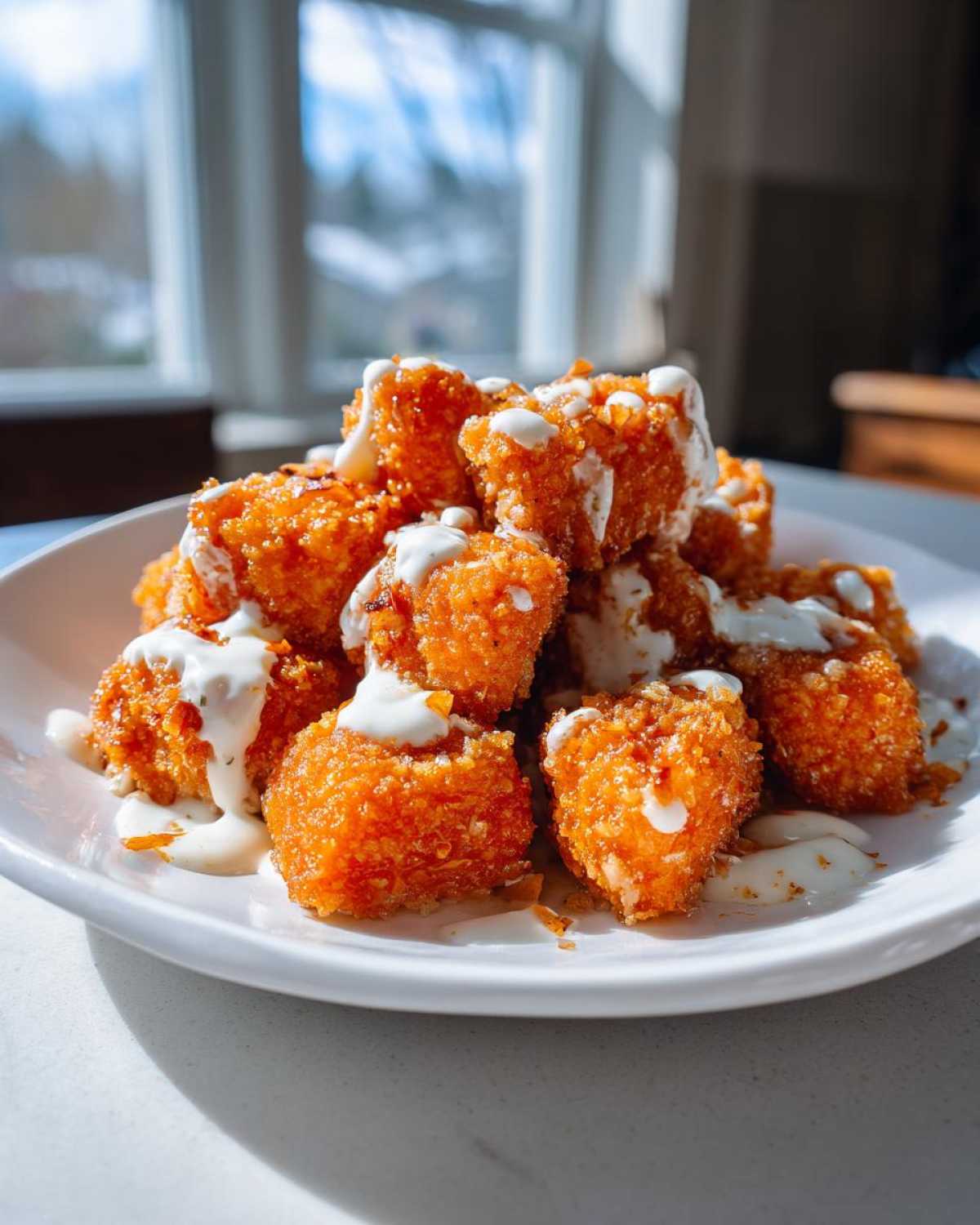 Close-up of crispy Air Fryer Salmon Bites drizzled with white Bang Bang Sauce and sprinkled with herbs.