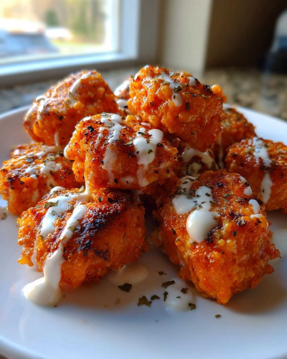 Close-up of crispy Air Fryer Salmon Bites drizzled with white Bang Bang Sauce and sprinkled with herbs.