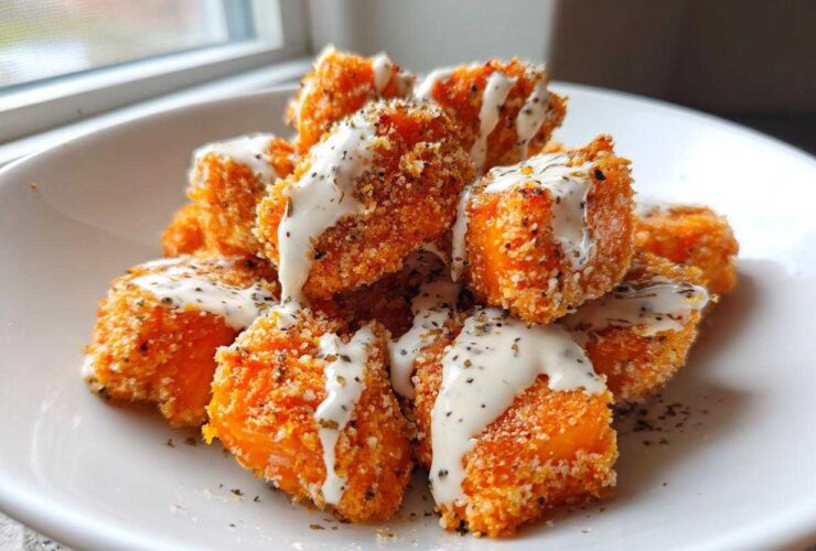 A pile of crispy, orange-coated Air Fryer Salmon Bites drizzled generously with creamy white Bang Bang Sauce.