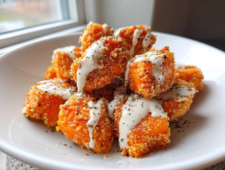 A pile of crispy, orange-coated Air Fryer Salmon Bites drizzled generously with creamy white Bang Bang Sauce.
