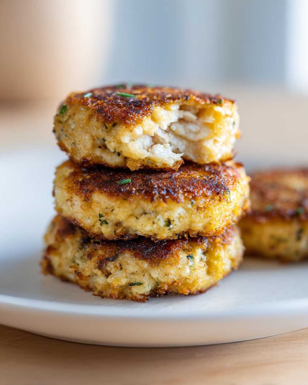Three golden brown Air Fryer Salmon Patties stacked on a white plate, with the top one broken open showing the flaky interior.