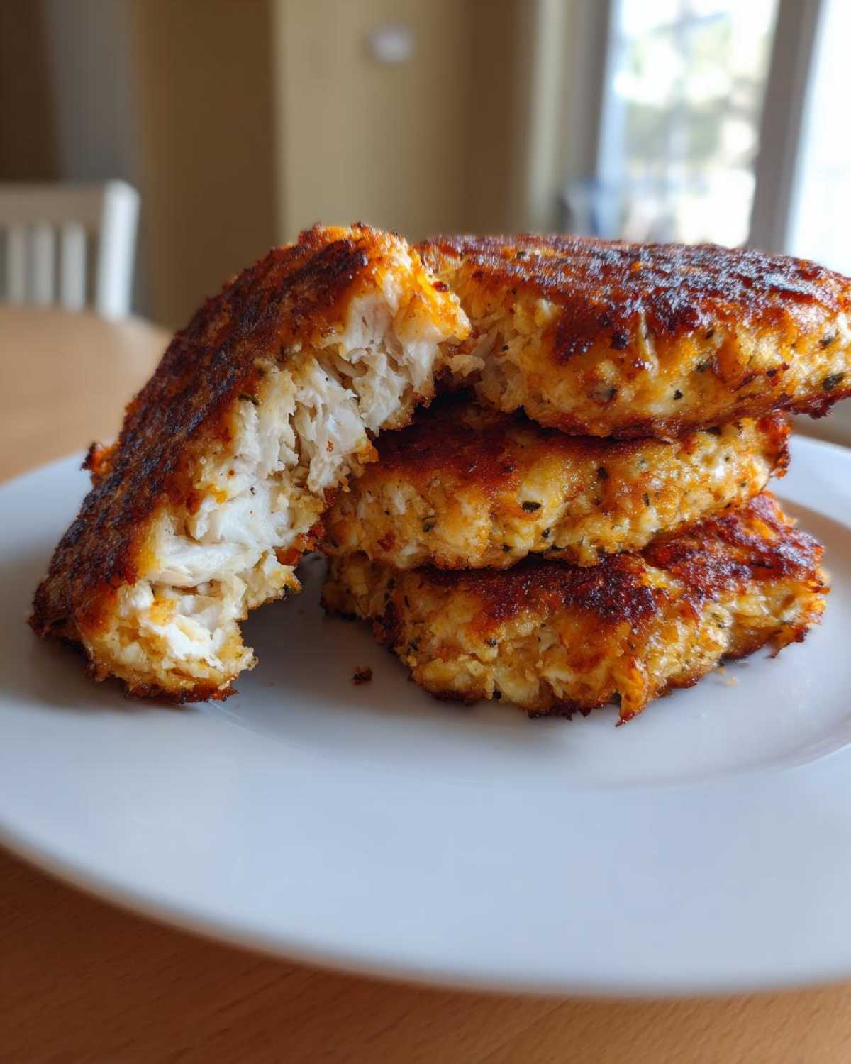 A stack of golden brown Air Fryer Salmon Patties, one broken open to show the flaky interior.