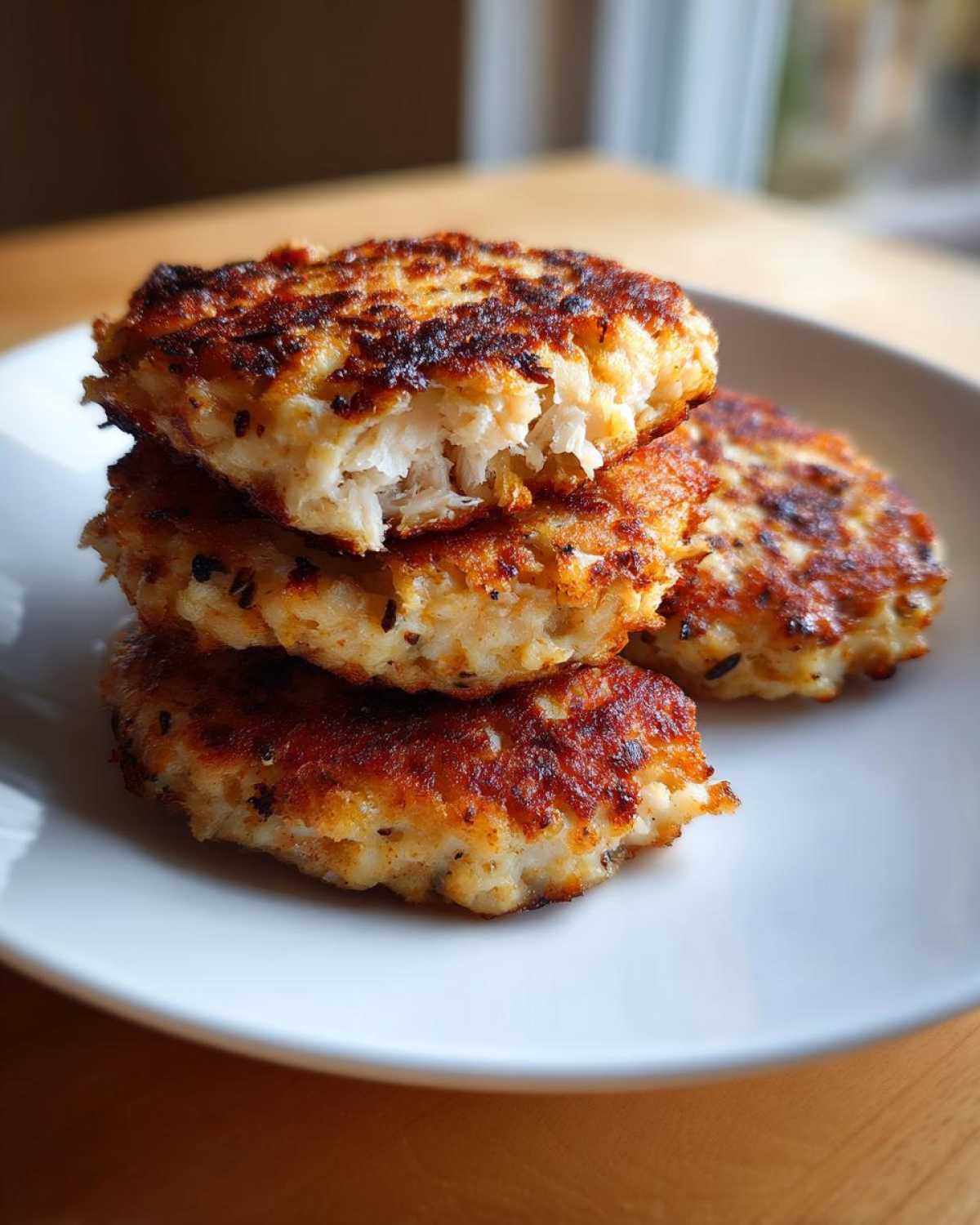 A stack of four golden brown Air Fryer Salmon Patties on a white plate, one broken open showing flaky interior.