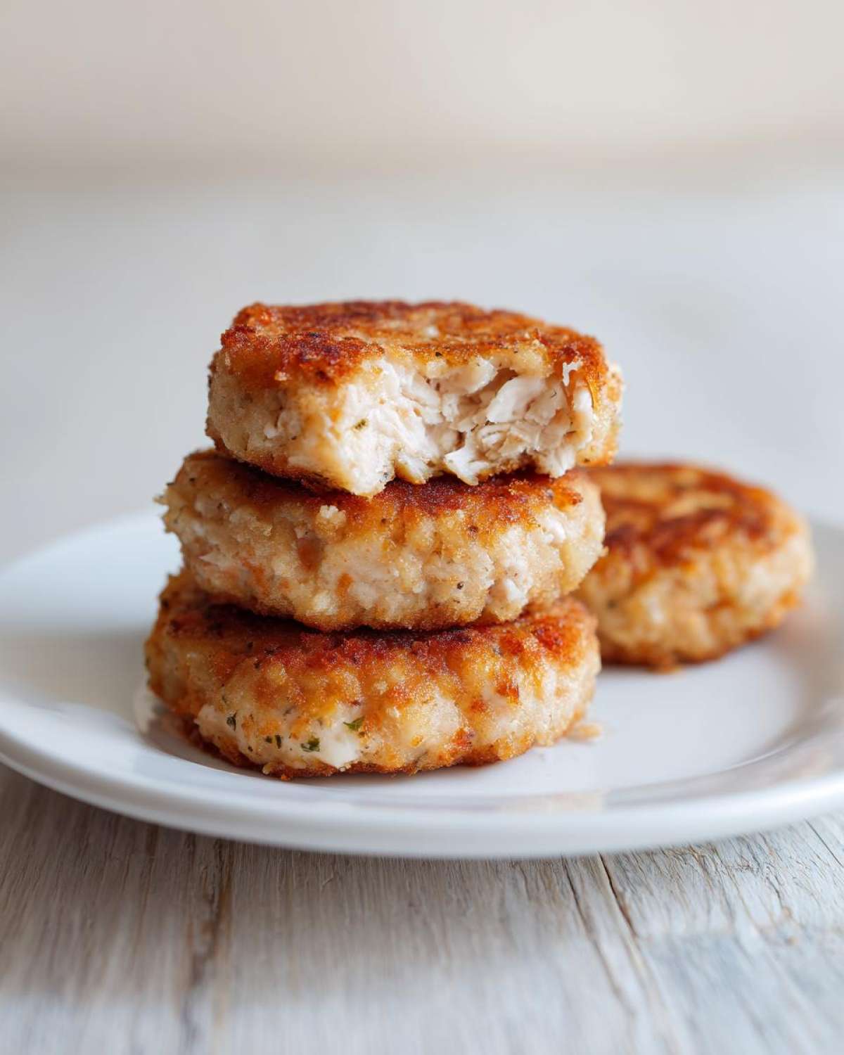 Three golden brown Air Fryer Salmon Patties stacked on a white plate, one with a bite taken out showing flaky interior.