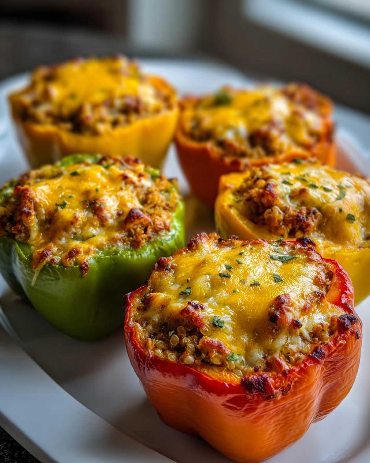 Close-up of colorful Air Fryer Stuffed Bell Peppers topped with melted cheese and herbs.