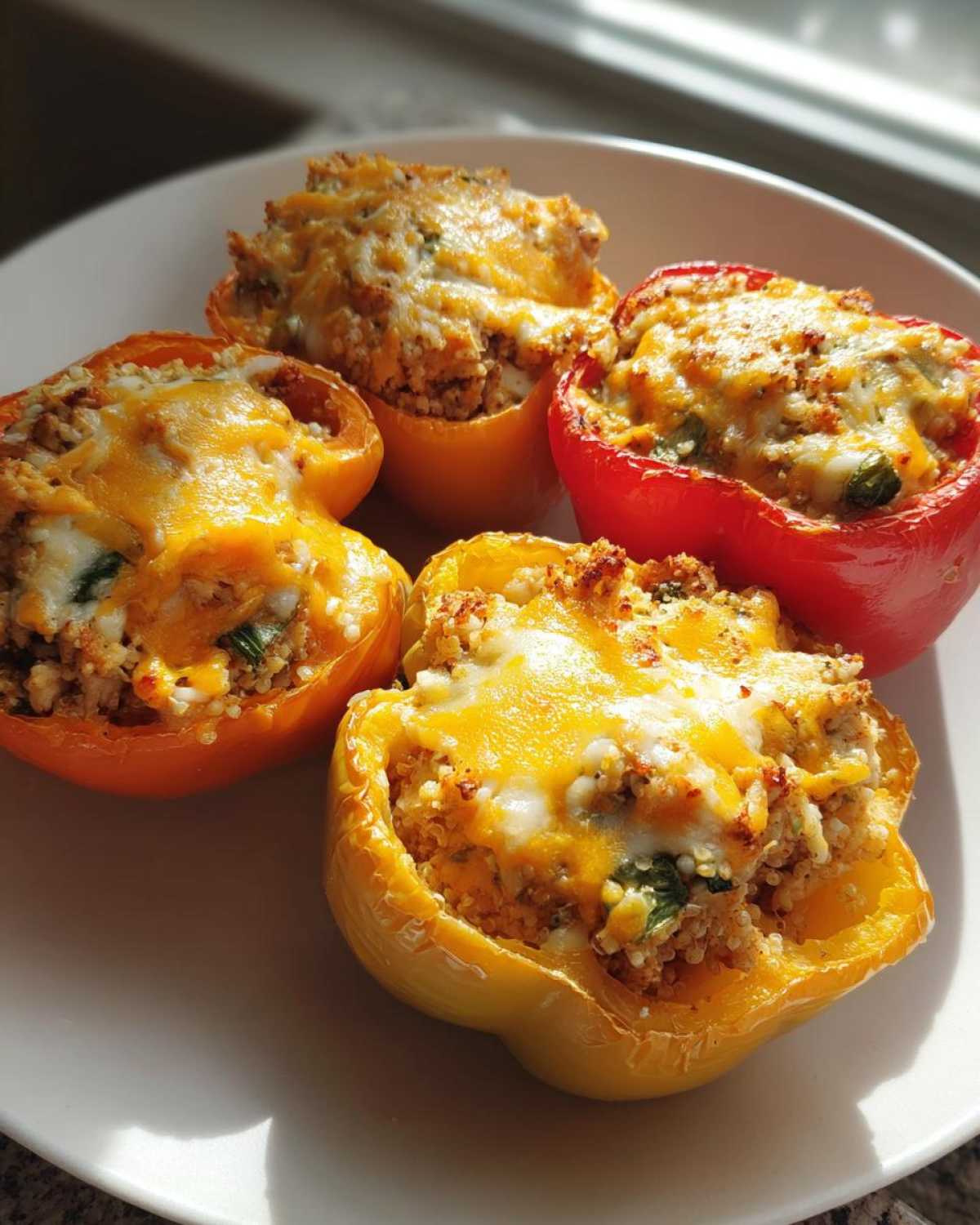 Four colorful Air Fryer Stuffed Bell Peppers, topped with melted cheddar and mozzarella cheese, served on a white plate.