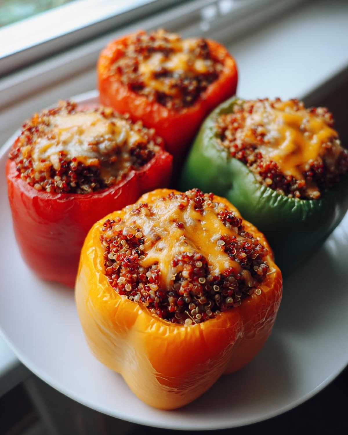 Four colorful Air Fryer Stuffed Bell Peppers (red, orange, yellow, green) topped with melted cheese and quinoa filling.