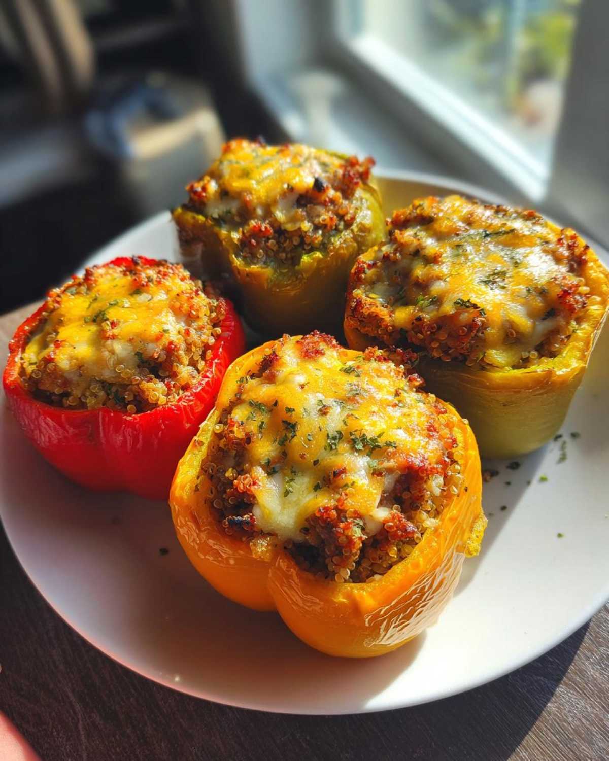 Four colorful Air Fryer Stuffed Bell Peppers (red, yellow, green) topped with melted cheese and herbs.