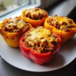 Four halves of Air Fryer Stuffed Bell Peppers, filled with quinoa and topped with melted cheddar cheese.